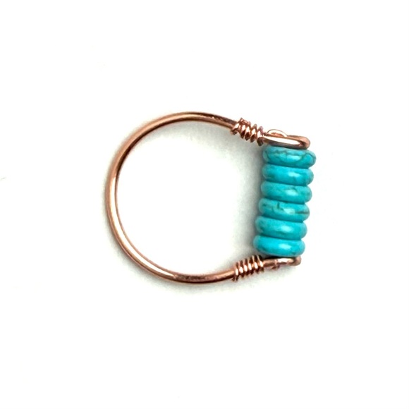 Hand Crafted Copper Wire Line Ring Turquoise Wagnerite Stone Beads NEW Size 8 - Picture 4 of 8